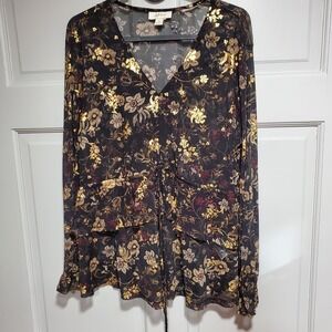 Style & Co Womens Blouse Size Medium Black Metallic Floral Ruffled Cottaggecore
